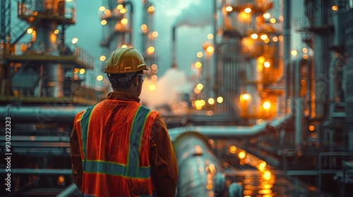 Worker in safety vest with industrial plant backdrop (selective focus, occupational safety, ethereal, Manipulation, Assembly line)