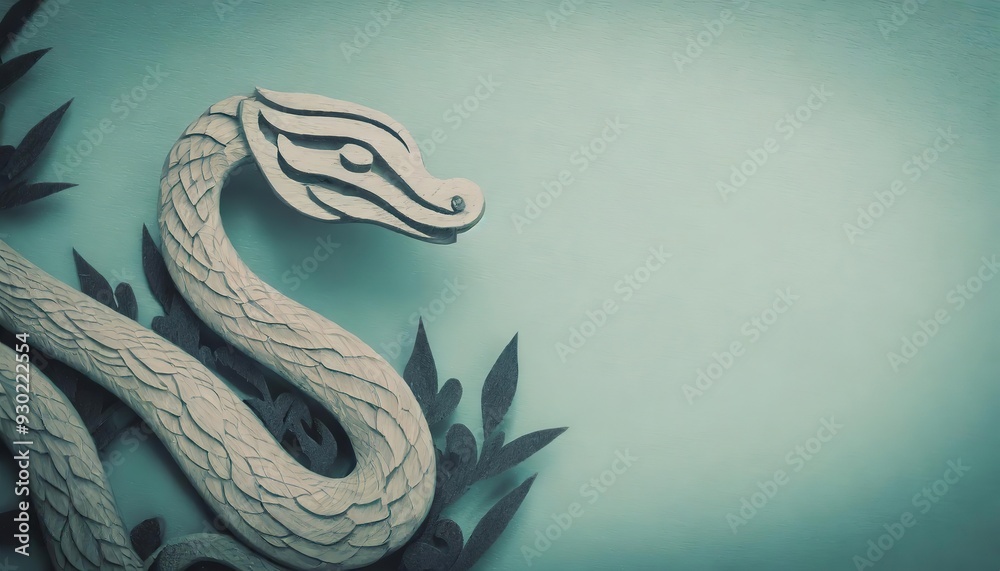 Artistic carving of a snake intertwined with foliage, set against a textured turquoise background. The wooden texture of the snake and leaves. Chinese lunar 2025 is the year of the snake. Christmas