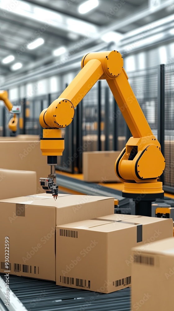 A yellow robotic arm picks up electronic components and places them on a production line table in a bustling factory environment A yellow robotic arm picks up electronic components and places them on a production line table in a bustling factory environment