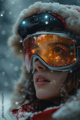 Woman in winter gear with mirrored ski goggles reflecting the night sky, surrounded by softly falling snowflakes.