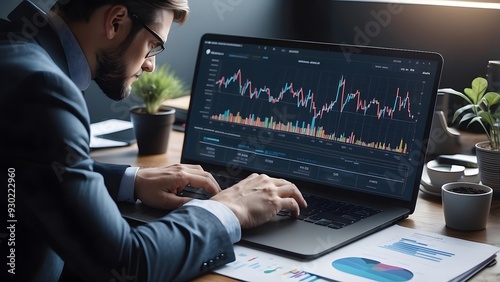 Man sitting with laptop working with growing graph, data analysis to increase sales and revenue, business data analytics concept photo