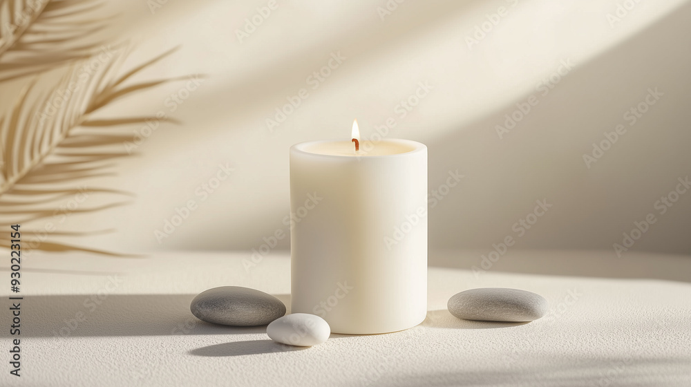 Calm and Elegant: Single White Candle with Stones on a Clean Beige Surface Calm and Elegant: Single White Candle with Stones on a Clean Beige Surface