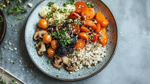 A health-conscious meal featuring black garlic as a garnish, placed next to fresh vegetables and grains on a modern plate. photo