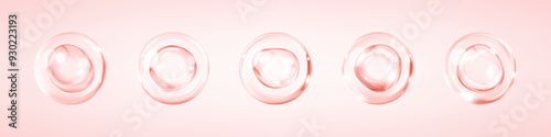 Transparent pink liquid bubbles. Collagen serum bubbles. Cosmetic essence. Concept skin care cosmetics solution. Vector 3d illustration