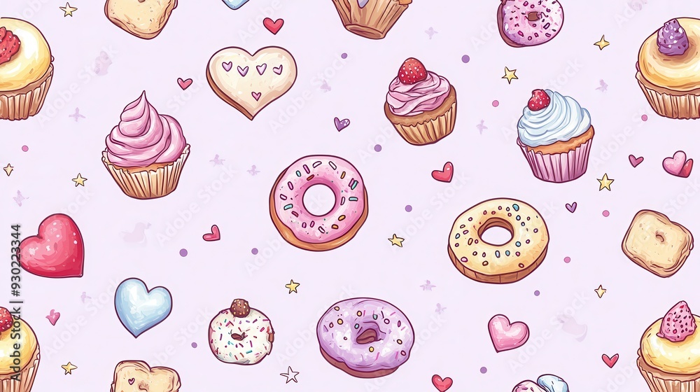 A whimsical pattern featuring cupcakes, donuts, hearts, and stars on a pastel background. A whimsical pattern featuring cupcakes, donuts, hearts, and stars on a pastel background.