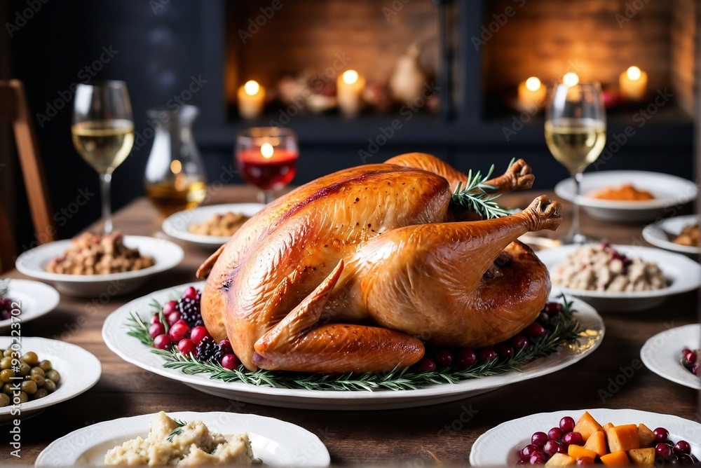 Thanksgiving turkey dinner against a dark background with beautiful bokeh and copy space, warm and happy feeling Thanksgiving turkey dinner against a dark background with beautiful bokeh and copy space, warm and happy feeling
