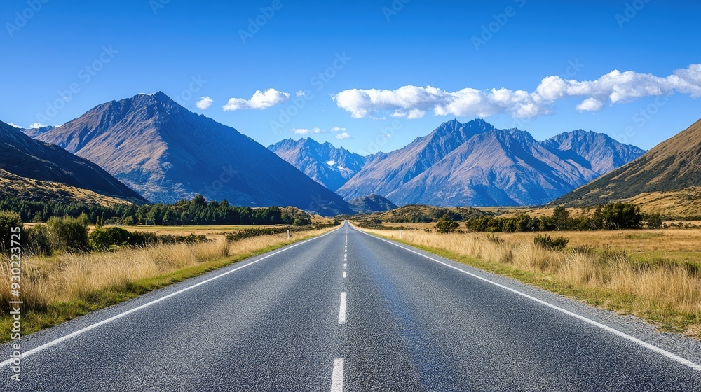 Fototapeta premium A scenic highway with mountain ranges in the background, under a pristine, cloudless sky.
