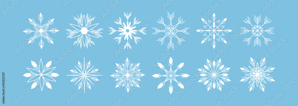 Set of white snowflakes in line art style. Line. Xmas. Sparks and glows. Shapes and elements. Ornament and decoration  Glitter. Clip art winter. New Year. Holiday. Stroke. Retro 90s design. December