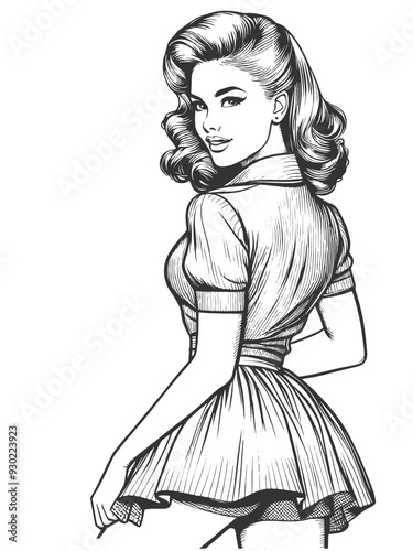 stylish pin-up woman in flared skirt, turning back with confident, glamorous look sketch engraving generative ai fictional character vector illustration. Scratch board imitation. Black and white image