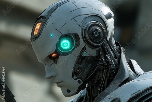 Futuristic robotic face with glowing blue eyes symbolizing the integration of artificial intelligence and advanced robotics