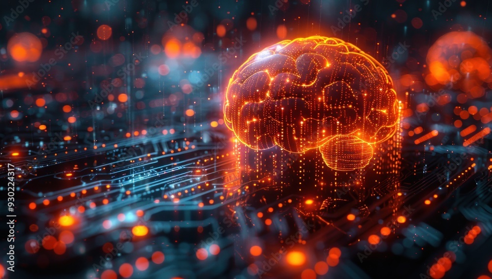 Digital Brain on Circuit Board with Glowing Lights Digital Brain on Circuit Board with Glowing Lights