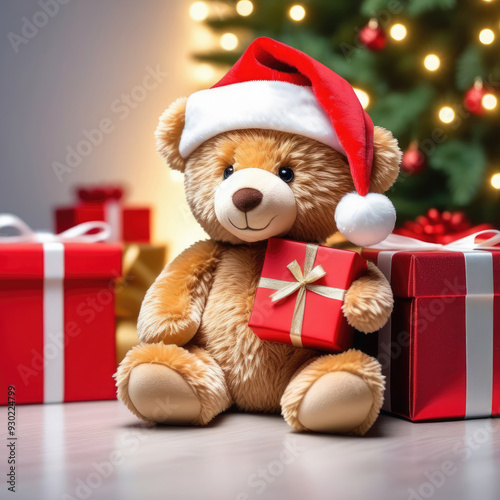 Teddy bear in a Christmas hat and with a gift in its paws against the background of a Christmas tree