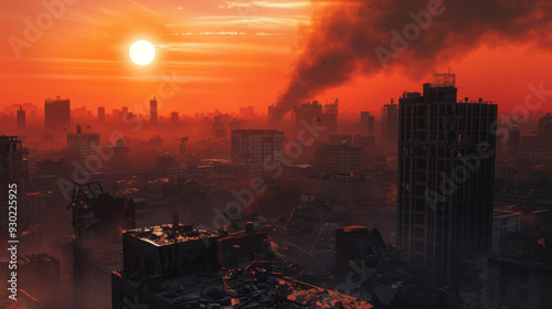 The post-apocalyptic cityscape at sunset, with an orange sky filled with black smoke and a red sun, features destroyed buildings in the foreground. photo