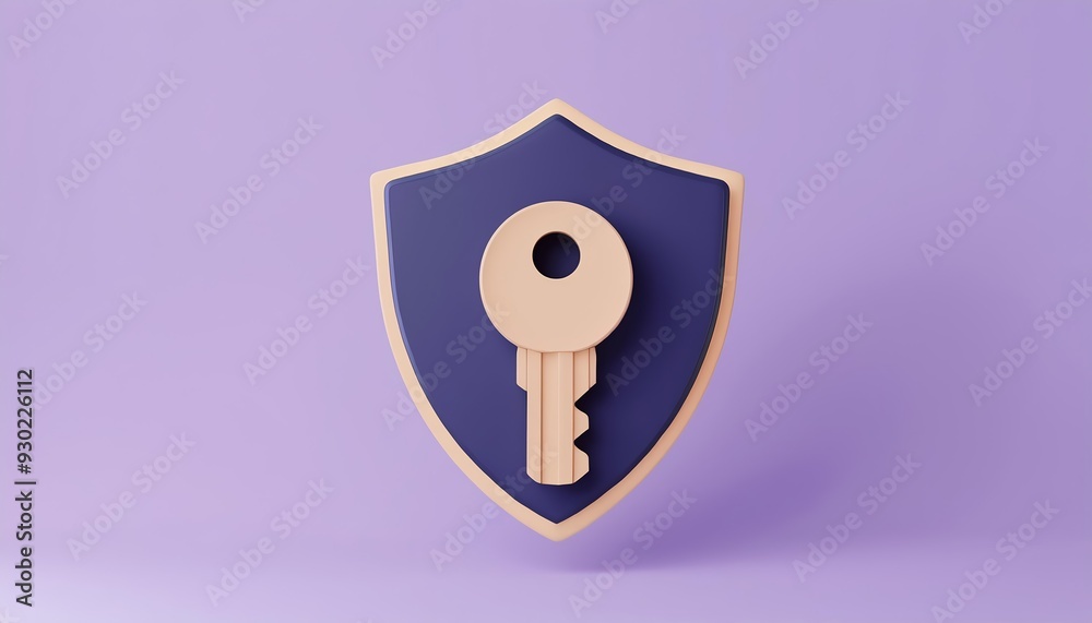 Stylish key protected by a shield, symbolizing security and safety in a modern design against a pastel background. Stylish key protected by a shield, symbolizing security and safety in a modern design against a pastel background.
