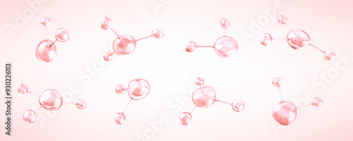Pink molecules with biological and chemical concept. Collagen or serum molecules. Сoncept skin care cosmetics solution. Vector 3d illustration