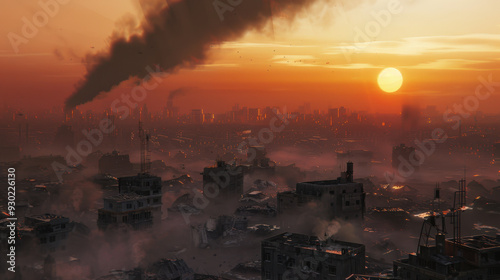 The post-apocalyptic cityscape at sunset, with an orange sky filled with black smoke and a red sun, features destroyed buildings in the foreground. photo