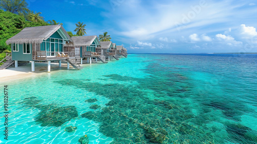 beautiful hotel houses on pillars over turquoise water in the Maldives. 