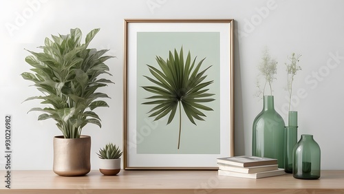 Wooden frame wall art poster mockup design, empty blank mockup on a table. green wall background theme photo