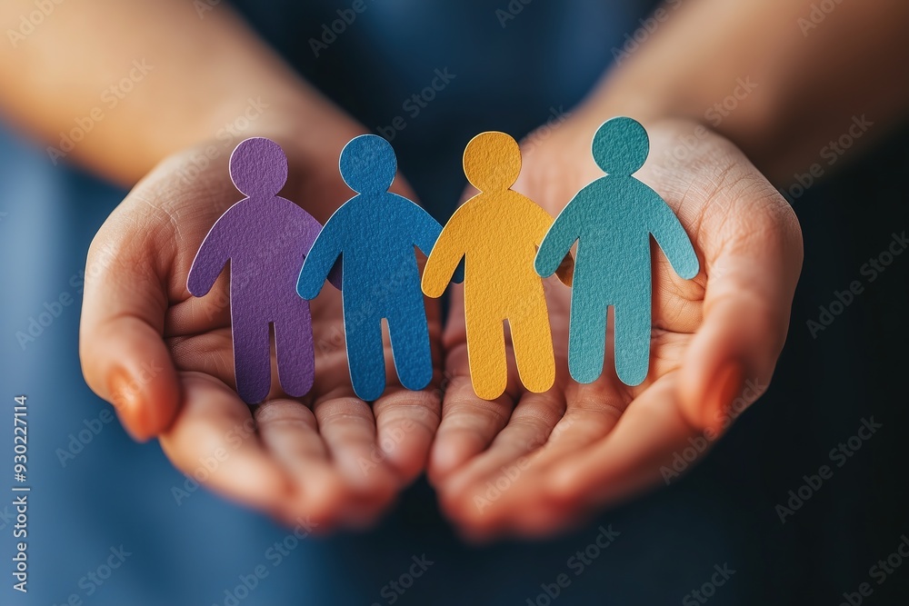 Close-up of diverse, colorful paper cutout figures held gently in hands, symbolizing unity and support. Close-up of diverse, colorful paper cutout figures held gently in hands, symbolizing unity and support.