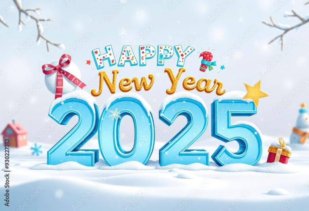 Fun, whimsical elements with bright colors and a sense of joy and creativity, text 'Happy New Year 2025' in block letters made of ice, with snowflakes gently falling around it in a winter scene, ai Fun, whimsical elements with bright colors and a sense of joy and creativity, text 'Happy New Year 2025' in block letters made of ice, with snowflakes gently falling around it in a winter scene, ai