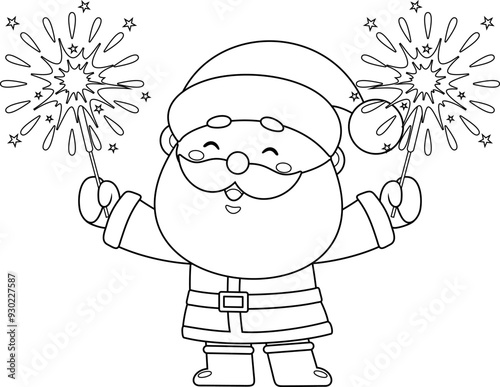 Outlined Cute Santa Claus Cartoon Character Holding A Sparklers. Vector Hand Drawn Illustration Isolated On Transparent Background