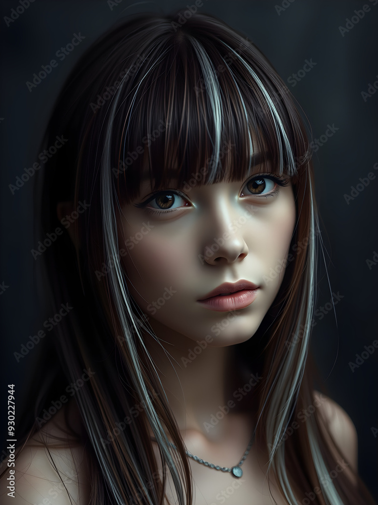 Woman, gloomy atmosphere, lonely, stunningly beautiful, slender face, long hair, two-tone hair, striped hair, brown hair, bangs, brown eyes, necklace. Woman, gloomy atmosphere, lonely, stunningly beautiful, slender face, long hair, two-tone hair, striped hair, brown hair, bangs, brown eyes, necklace.
