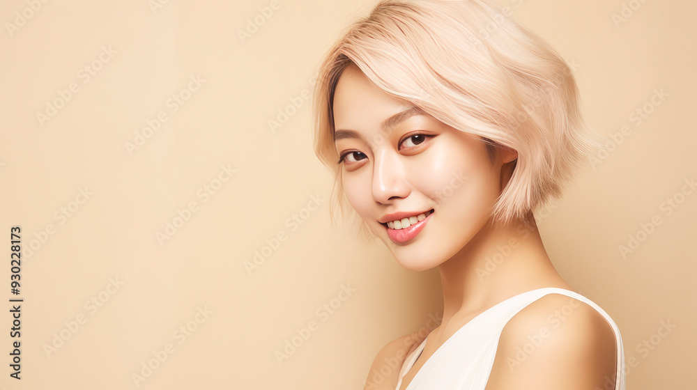 Portrait of a beautiful, sexy, smiling, happy Asian blonde woman with short haircut and perfect skin, creamy beige background, banner. Portrait of a beautiful, sexy, smiling, happy Asian blonde woman with short haircut and perfect skin, creamy beige background, banner.