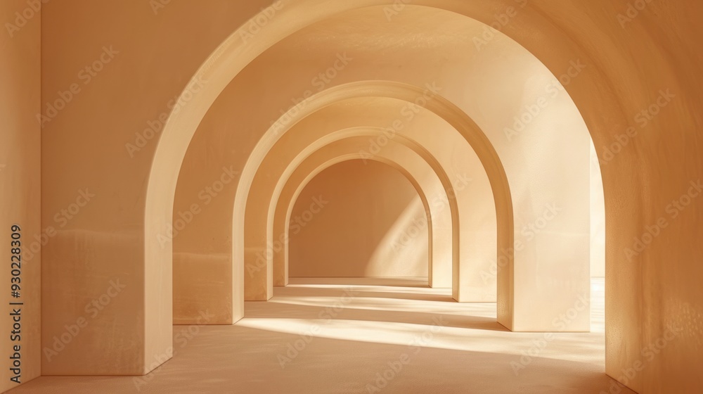 Soft light fills the spacious area, illuminating the elegant, curved lines of the peachy beige arches creating a calming atmosphere Soft light fills the spacious area, illuminating the elegant, curved lines of the peachy beige arches creating a calming atmosphere