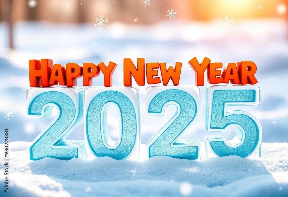 Fototapeta premium Fun, whimsical elements with bright colors and a sense of joy and creativity, text 'Happy New Year 2025' in block letters made of ice, with snowflakes gently falling around it in a winter scene, ai