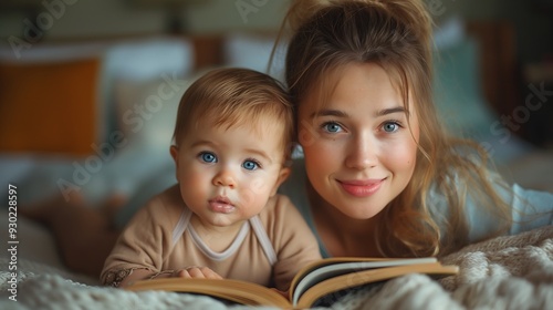 Mom and baby lying on the sofa, reading a book leisurely, leisurely feeling, leisurely home environment