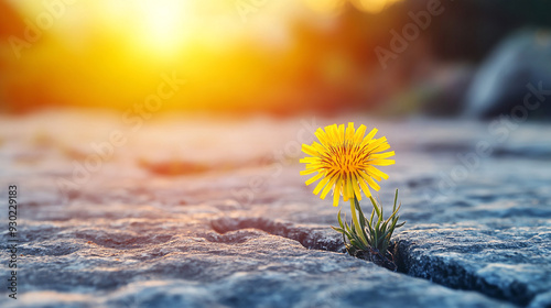 flower growing on crack street, hope concept, Never give up! Symbol for many things in life: Persistence, determination, survival, hope, resilience, strength, winning, force of nature. photo