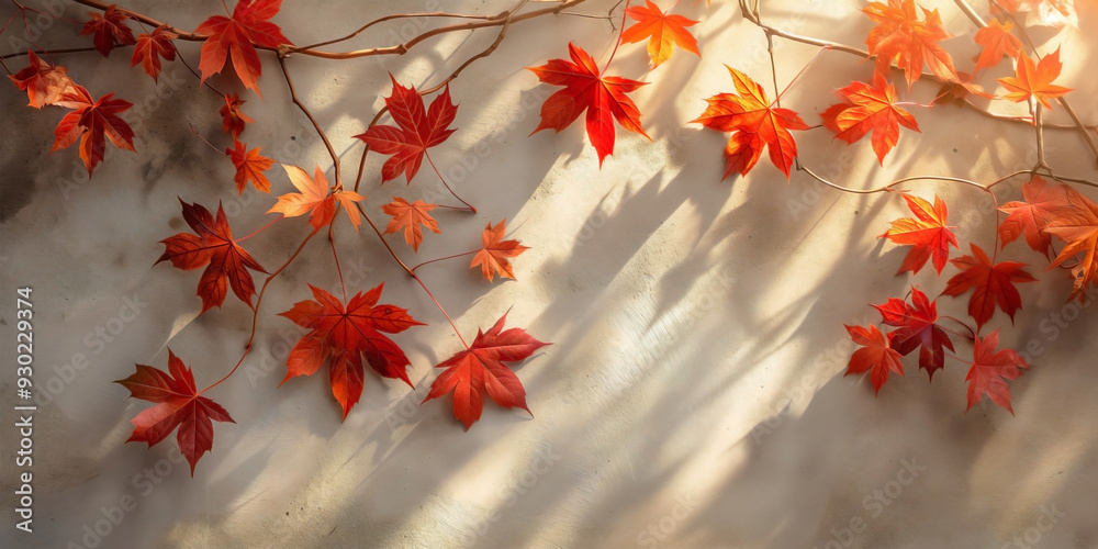 a flat lay image featuring red and orange maple leaves on a branch a flat lay image featuring red and orange maple leaves on a branch