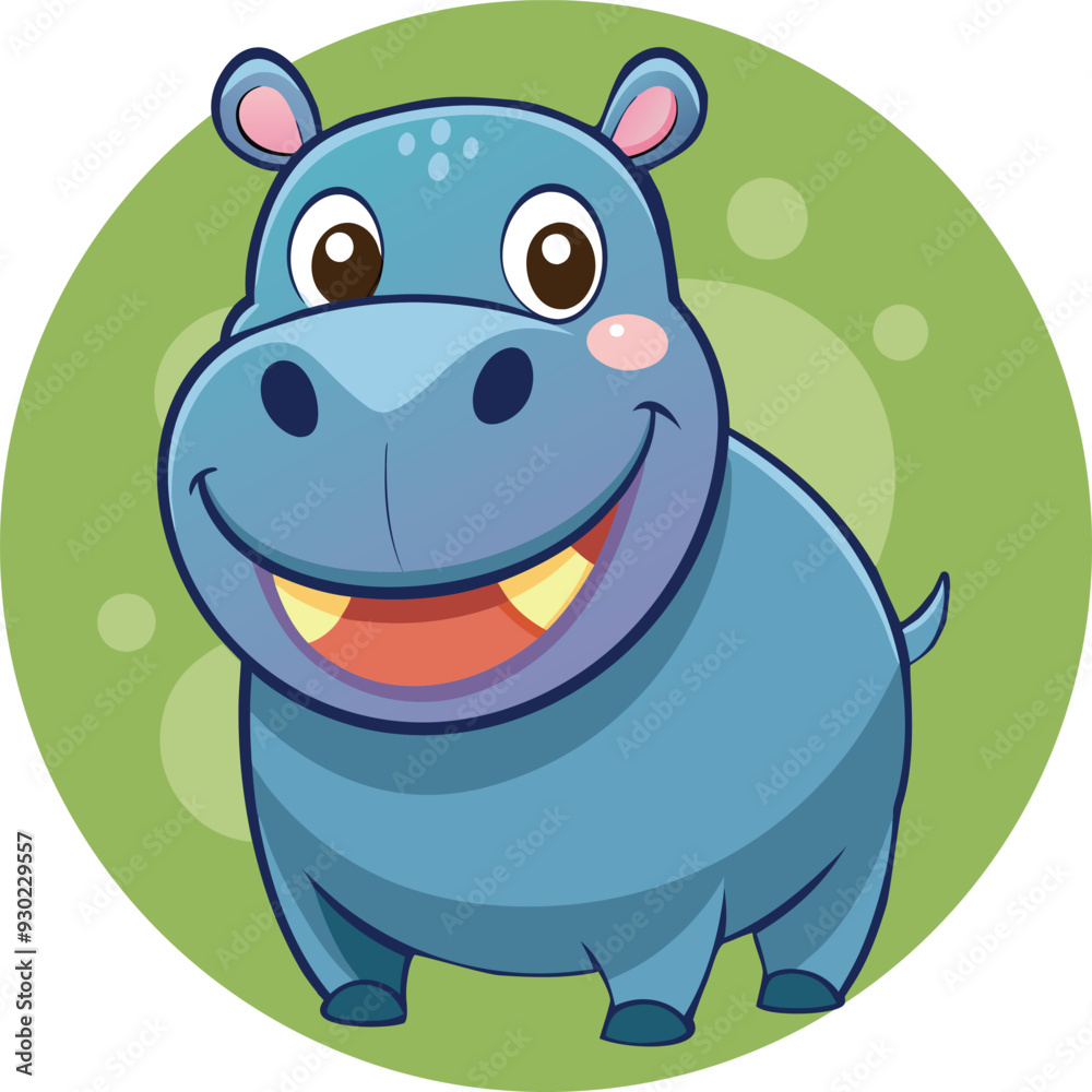 Fototapeta premium A cute little light green-blue hippo smiles brightly and cheerfully, showing two teeth.vector illustrator.