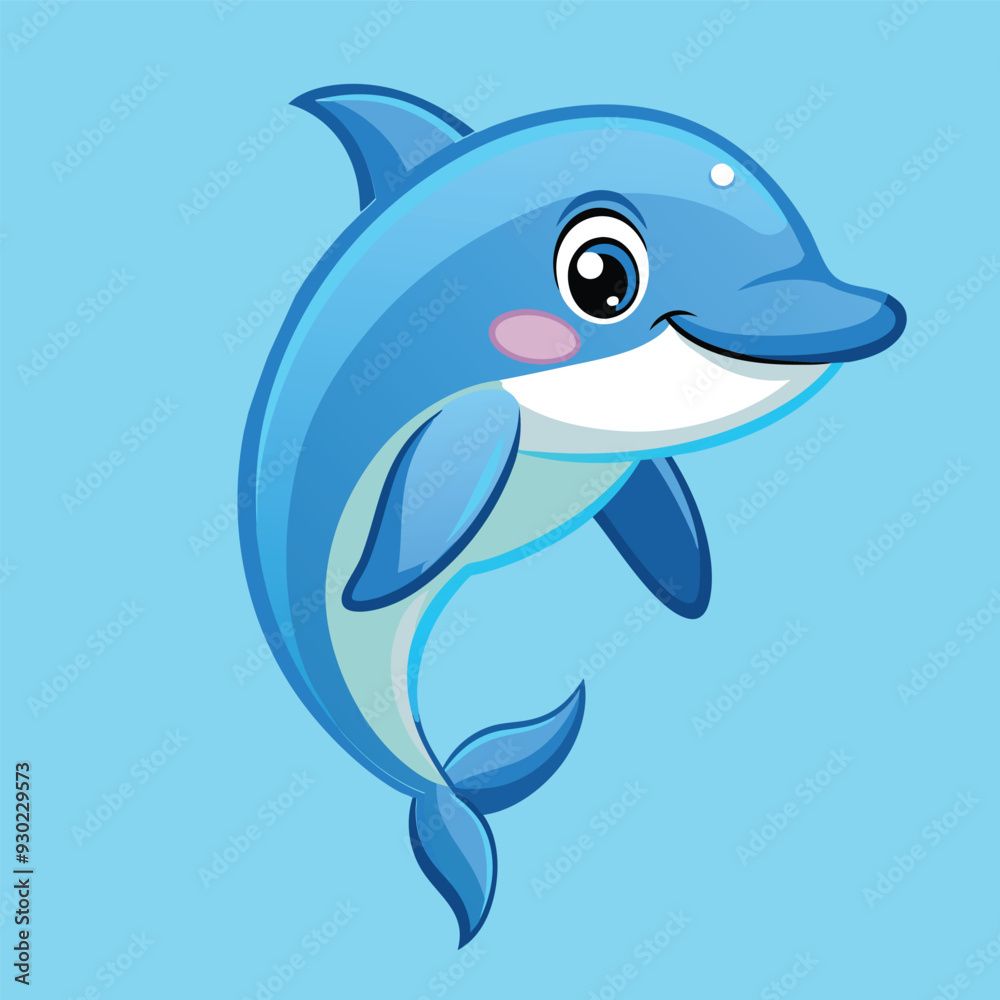 Obraz premium Very cute, cheerful little dolphin smiles brightly on a light blue background.vector illustrator.