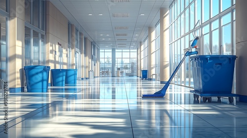 Cleaning cart, blue buckets, mop, cleaning supplies, reflective floor, modern office building, glass windows, empty hallway, institutional interior, janitorial equipment. photo