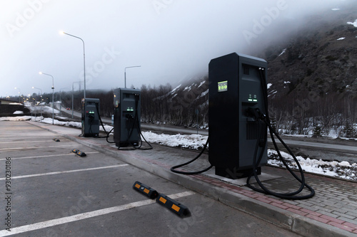 Canvas Print Electric car charging station, row of gas stations stands against the backdrop o