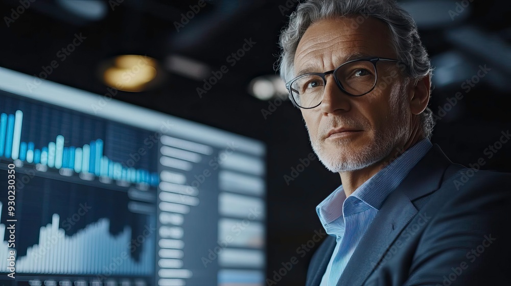 Focused businessman analyzing data on a computer screen in a modern workspace, reflecting on strategic decisions. Focused businessman analyzing data on a computer screen in a modern workspace, reflecting on strategic decisions.