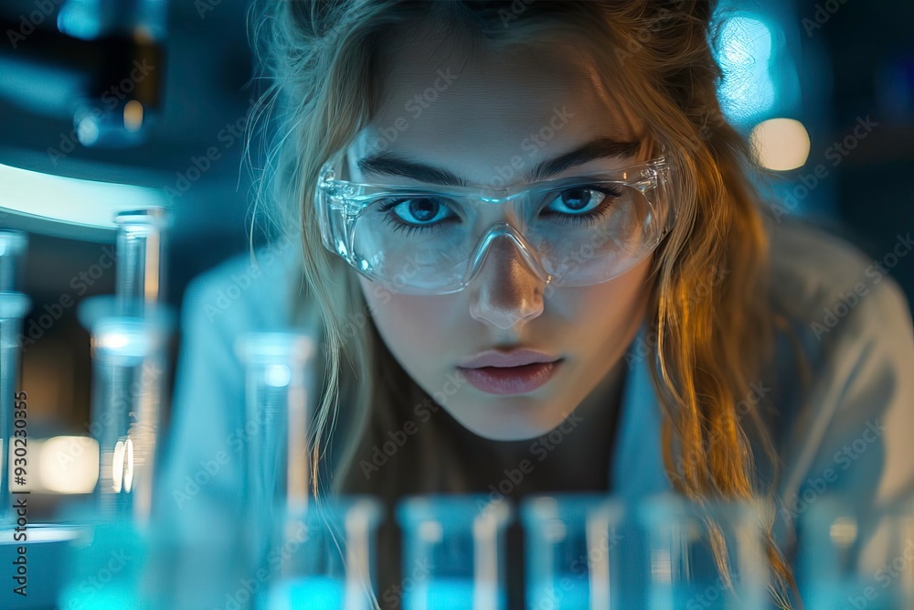 Focused scientist analyzing samples in a lab, showcasing dedication and precision in scientific research. Focused scientist analyzing samples in a lab, showcasing dedication and precision in scientific research.