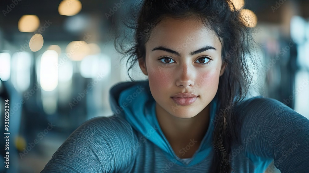 Focused young woman in a gym, showcasing determination and strength in her gaze while wearing athletic attire.