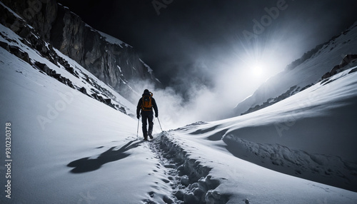 Obraz na płótnie Snowfield Unknowns in Foggy Winter: The Pioneer's Trek Surrounded in Landslide w salonie