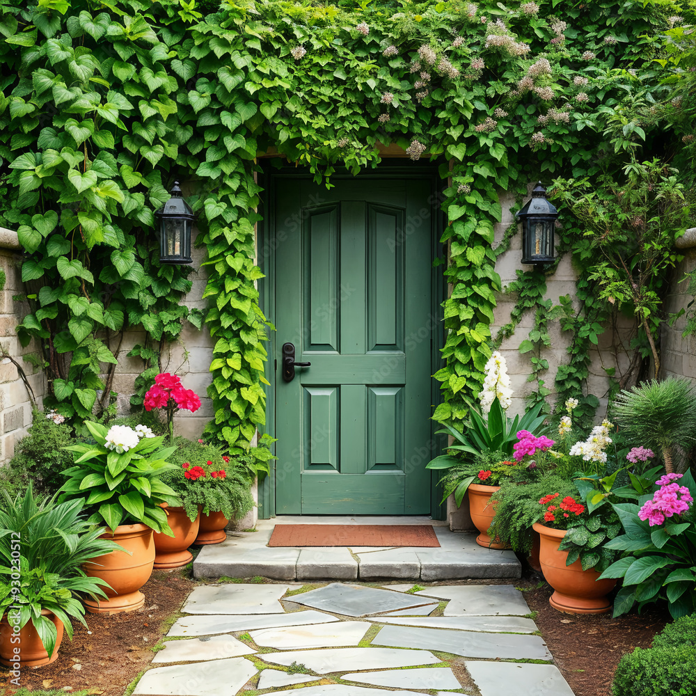 Charming Ivy-Covered Entrance with Green Door and Potted Plants Charming Ivy-Covered Entrance with Green Door and Potted Plants