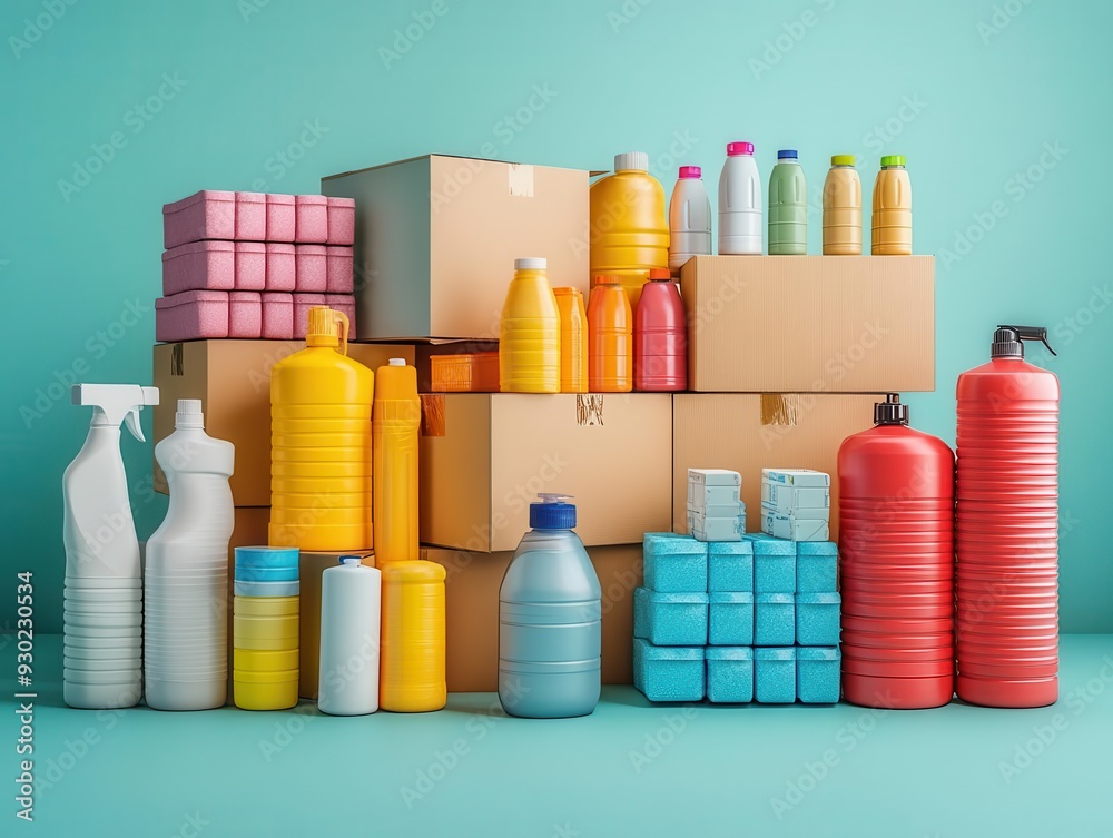 stacked cardboard moving boxes surrounded by cleaning supplies against plain backdrop