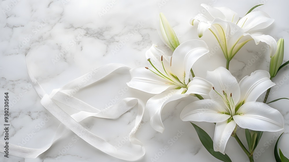 Elegant white lilies on white marble countertop, pure white petals, green stems, delicate silk ribbon, soft natural light, minimalist floral arrangement, wedding concept. Elegant white lilies on white marble countertop, pure white petals, green stems, delicate silk ribbon, soft natural light, minimalist floral arrangement, wedding concept.