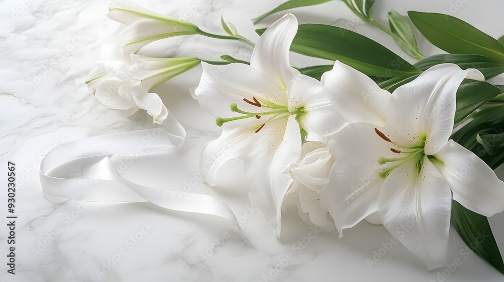 Fototapeta premium Elegant white lilies on white marble countertop, pure white petals, green stems, delicate silk ribbon, soft natural light, minimalist floral arrangement, wedding concept.