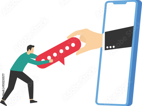 Communication. Corporate culture. Hand pulling a speech bubble tug of war with a businessman. Flat vector illustration

