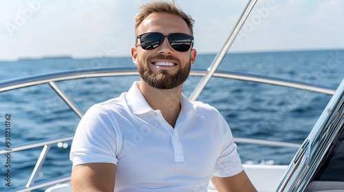 A cheerful man enjoys his time on a yacht, basking in the sunlight with the ocean stretching out behind him on a serene summer day