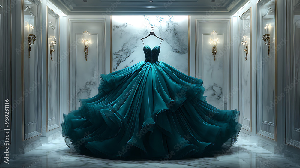 A deep teal ball gown with an extravagant skirt. A deep teal ball gown with an extravagant skirt.