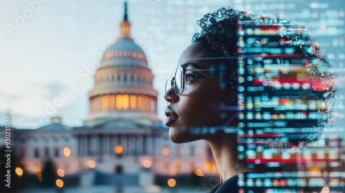 Profile of a woman with glasses looking at digital data, with the Capitol building in the background at dusk.