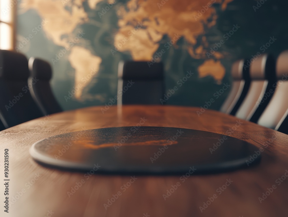 Obraz premium Empty conference room with a world map on the wall symbolizing global business and corporate strategy