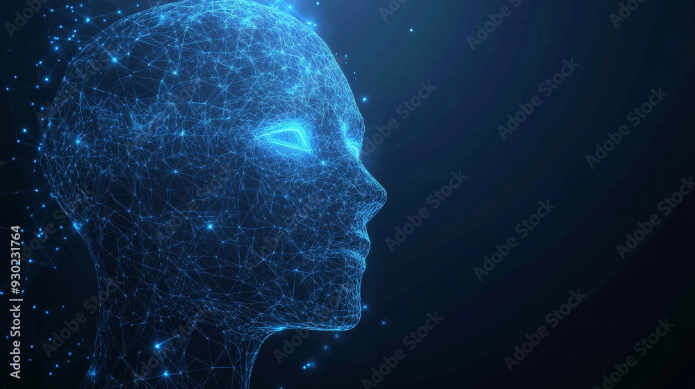 An artificial intelligence in humanoid head vector in wireframe low poly style. AI with Digital Brain, big data, analysis information. Face of cyber mind. Modern technology background concept An artificial intelligence in humanoid head vector in wireframe low poly style. AI with Digital Brain, big data, analysis information. Face of cyber mind. Modern technology background concept